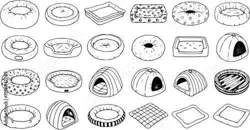 Variety of Pet Beds Line Art Set: Hand-Drawn Dog Beds, Cat Beds, Kennels, and Cushions Vector Sketch Illustration