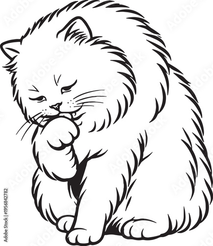 Persian Cat Grooming Paw Lick Sitting Clean Black and White Line Art Pet Behavior Illustration