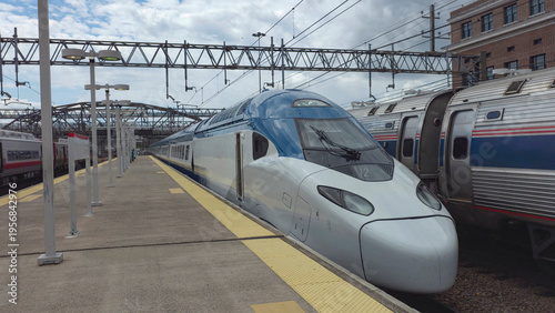 View of a bullet train parked at the central station prior to passenger transport