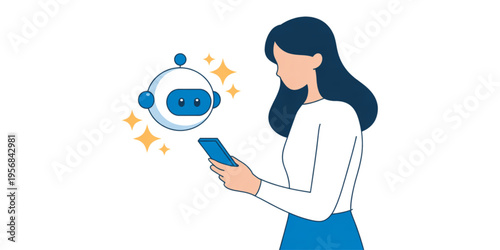 A young woman using a smartphone to interact with a friendly digital artificial intelligence robot Vector
