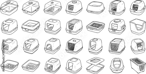 Comprehensive Hand-Drawn Vector Collection of Cat Litter Box Designs: Open, Hooded, Top-Entry, Sifting, and Automated Feline Pet Care Solutions.