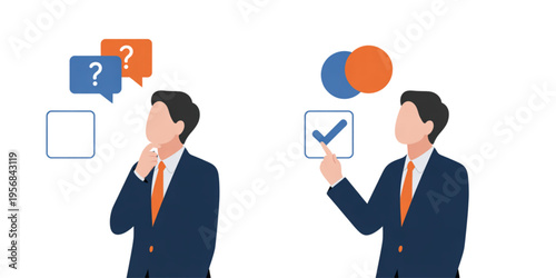 A businessman contemplating a choice and then making a final decision with a checkmark symbol Vector