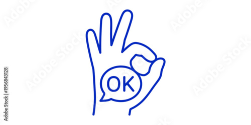 Blue line icon depicting a hand making an ok gesture with a speech bubble containing the word ok Vector