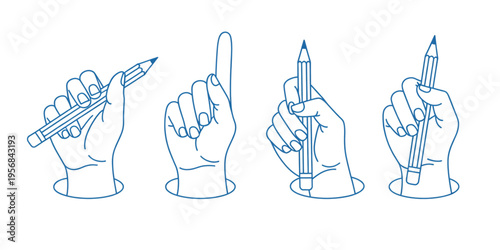 A set of hand gestures displaying various ways of holding a pencil and pointing a finger upwards Vector