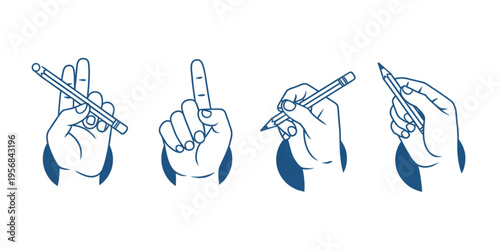 Set of four illustrated hand gestures depicting various ways to hold a pencil and point a finger Vector