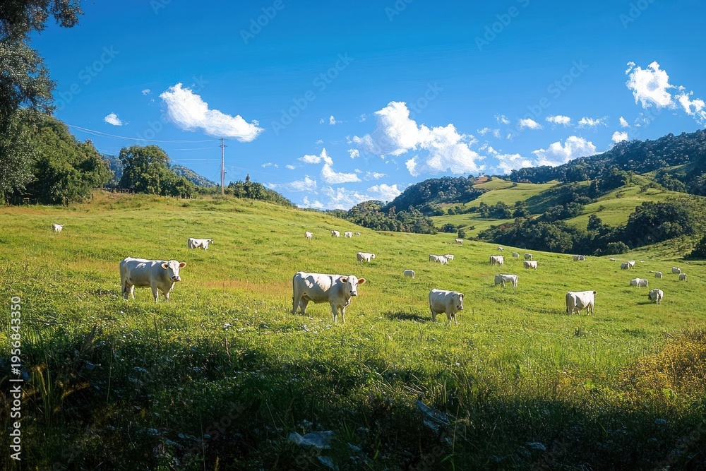 Fototapeta premium white cattle grazing on sunlit green rolling hills under a bright blue sky with scattered clouds, a peaceful pastoral countryside scene