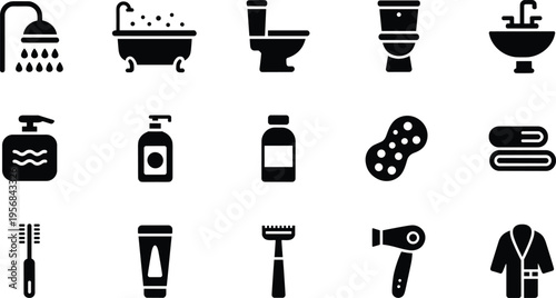 Bathroom icons set, shower, bathtub, toilet, sink, soap dispenser, towels, toothbrush, toothpaste, razor, hairdryer, bathrobe, hygiene essentials