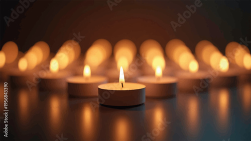 Set of lit tea light candles in soft focus