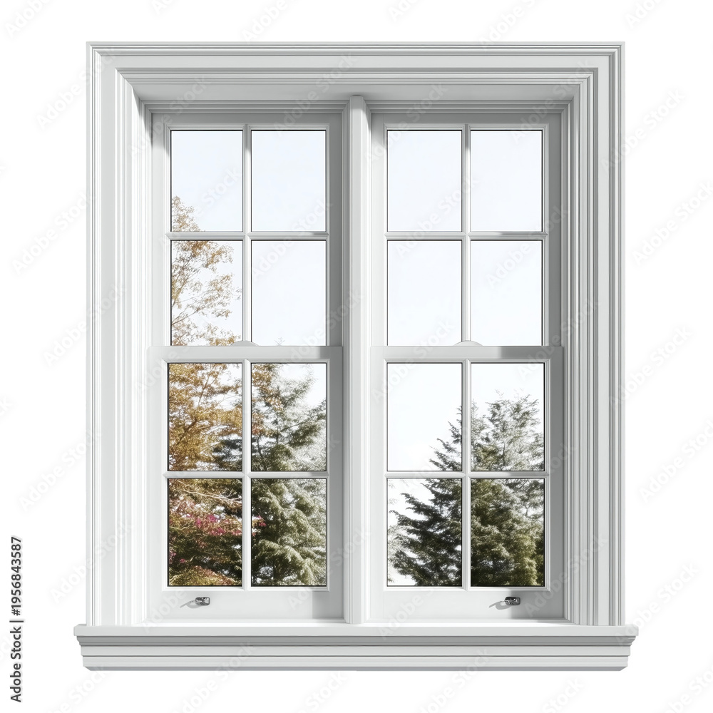 Fototapeta premium A traditional white double-hung window showcasing a vibrant outdoor autumn trees landscape. isolated on transparent background