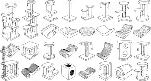 Collection of Cat Furniture Illustrations: Diverse Cat Trees, Scratching Posts, Beds, and Condos - Outline Sketch Vector Set for Pet Accessories