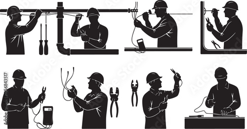 Electrician at work in various positions and actions shown