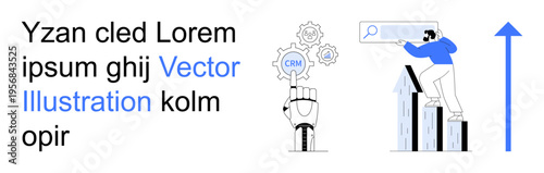 Marketing strategies, data management, business growth, CRM systems, automation, team collaboration. Robotic arm activating CRM gears and a person examining data trends. CRM systems and business