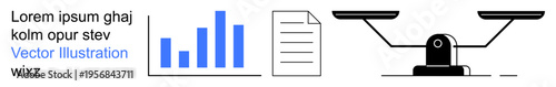 Business analysis, data visualization, legal balance, documentation, decision-making, information management. Horizontal bar graph, document and balance scales . Data visualization and legal balance