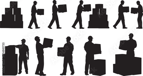 Silhouettes of workers moving boxes in various positions and actions