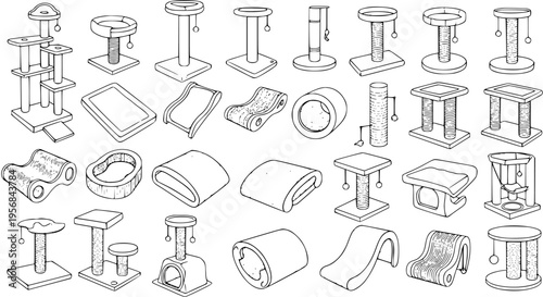 Cat Furniture Set Line Art: Beds, Trees, Scratching Posts, Condos, Tunnels, and More