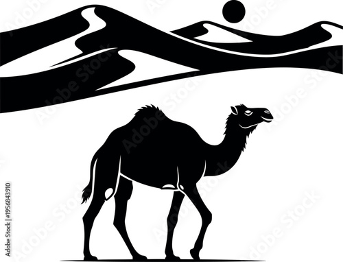 Black silhouette of a camel walking beneath a stylized desert landscape