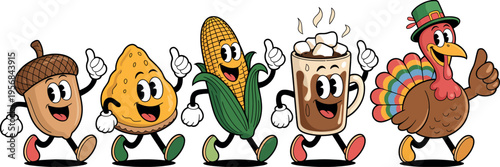 Classic Thanksgiving items come to life as cheerful mascots giving a thumbs-up to viewers. 