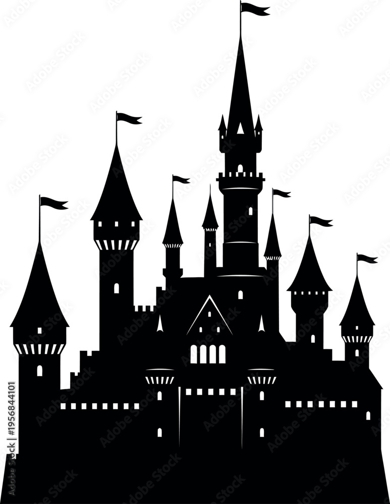 Obraz premium A striking black silhouette of a fairytale castle with multiple towers