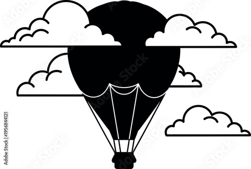 Simple black and white illustration of a hot air balloon with clouds