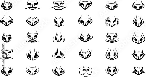 Collection of Various Cartoon Noses and Mouths: Diverse Shapes, Styles, and Expressions in Black and White Line Art Vector Illustration Set