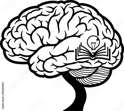 A stylized human brain incorporating elements of learning and knowledge