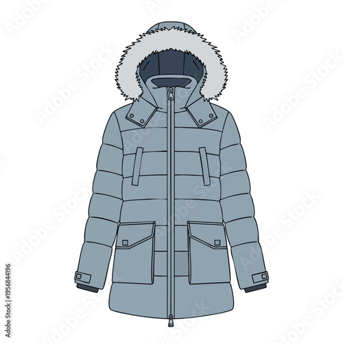 Light blue puffer jacket with fur-lined hood and multiple pockets