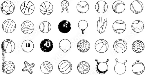 Collection of diverse sports balls and recreational objects in a minimalist line art style. Features football, basketball, baseball, golf, tennis, bowling, billiards, and unique sphere designs.
