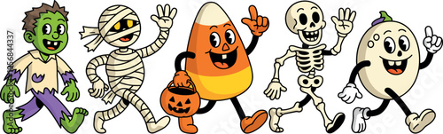 A spooky but friendly group of Halloween mascots walks together in a playful parade.