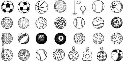 Sports Balls  Equipment Collection: Hand-Drawn Icons of Soccer, Basketball, Baseball, Golf, Pool, Beach Balls  More