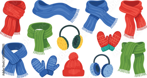 Winter Clothing Accessories Set with Scarves, Mittens, Hat, and Earmuffs, Cozy Cold Weather Fashion Collection for Seasonal Outfit and Holiday Vector Illustration