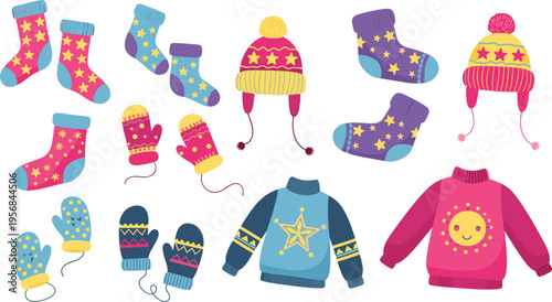 Winter Clothing Set with Warm Sweaters Socks Mittens and Knit Hats for Cold Weather Fashion Cozy Outfit Design and Seasonal Apparel Illustration