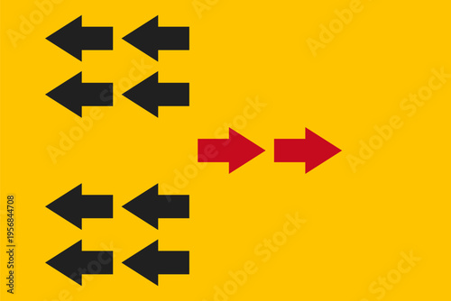 many black arrows moving back and two red forward, leadership or new way concept, past or future choice