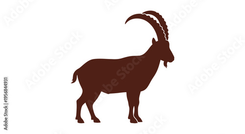 Brown Goat Silhouette with Curved Horns.