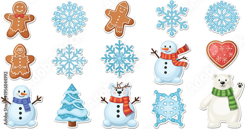 Winter Holiday Icon Set with Snowflakes Snowmen Gingerbread Cookies Polar Bear and Christmas Elements for Festive Design Seasonal Decoration Illustration