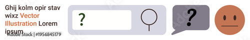Online search, user interaction, communication tools, problem-solving, educational resources, digital navigation. Search bar with question mark, speech bubble and neutral face icon. Online search