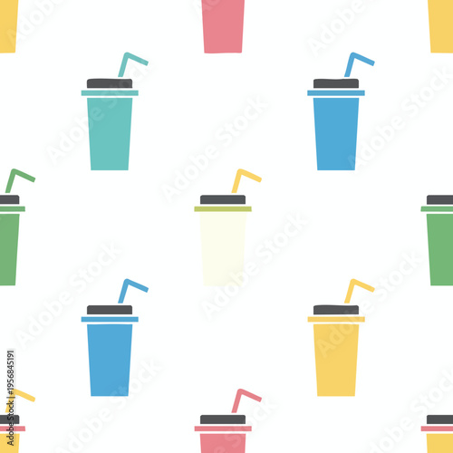 A seamless pattern of colorful disposable cups with straws and lids