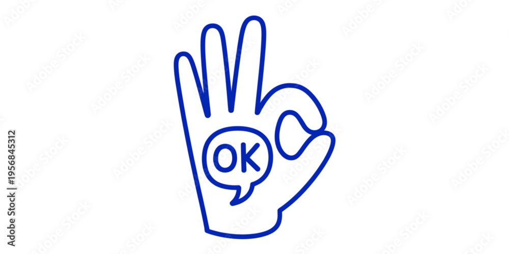 Fototapeta premium A blue outline illustration of a human hand making the ok gesture with a speech bubble symbol Vector