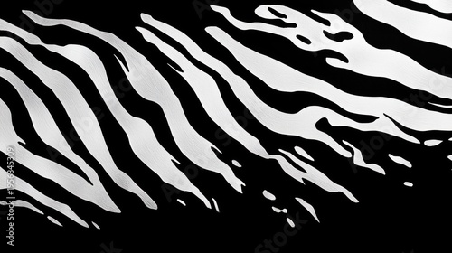 dynamic black and white composition of flowing zebra-like stripes on a textured surface conveying rhythm and motion
