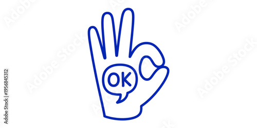 A blue outline illustration of a human hand making the ok gesture with a speech bubble symbol Vector