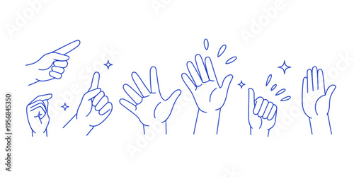 Set of blue linear hand gestures expressing various human communication signs and diverse actions Vector