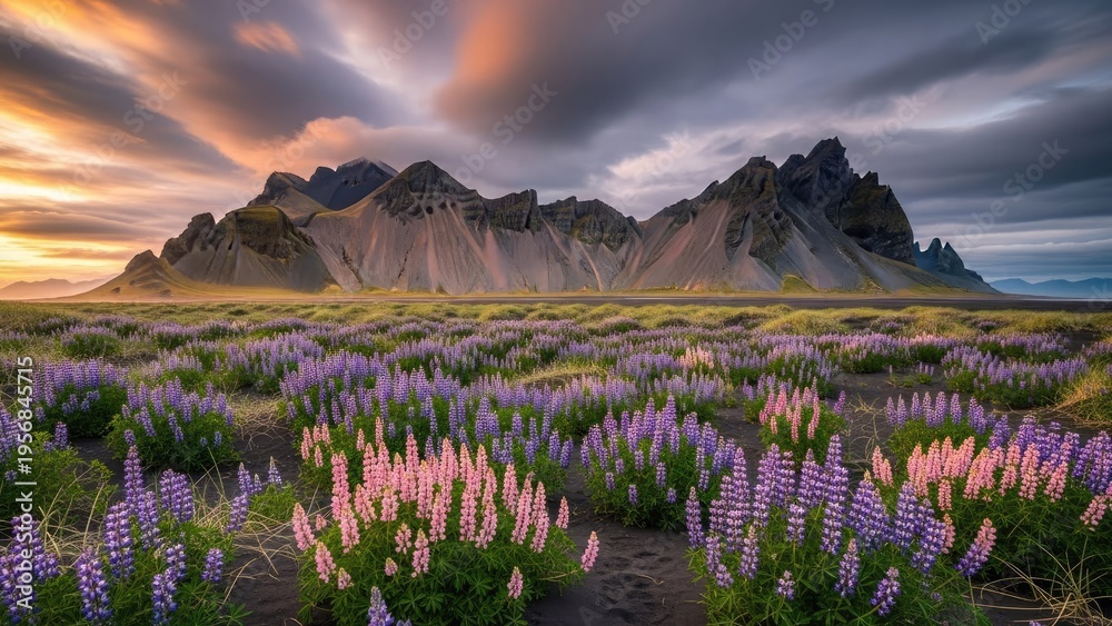 Naklejka premium A serene mountain landscape with vibrant wildflowers at sunset