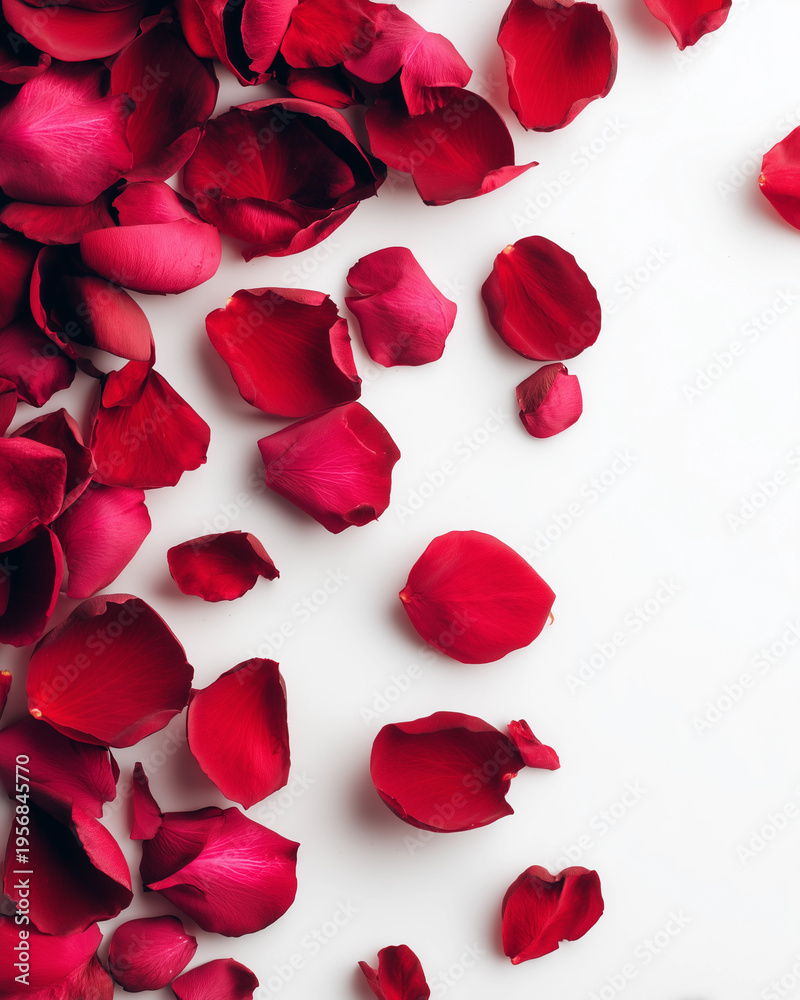 Fototapeta premium Minimalist Flat Lay of Vibrant Red Rose Petals on White Background