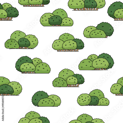 A pattern of various green bushy shrubs with brown trunks on a white background