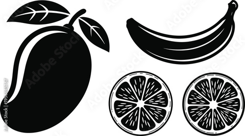 Black and white fruit vector illustration, mango with leaves, banana silhouette, citrus slices, healthy food design, educational clipart, minimal style