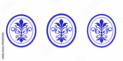 Three blue and white oval designs featuring a floral fleur de lis pattern