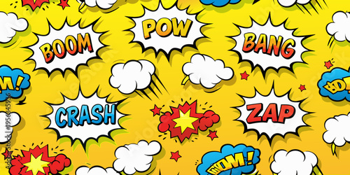 Colorful comic book explosion pattern with onomatopoeic words
