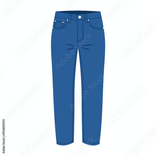 A blue pair of straight-leg denim jeans with a button closure and front pockets