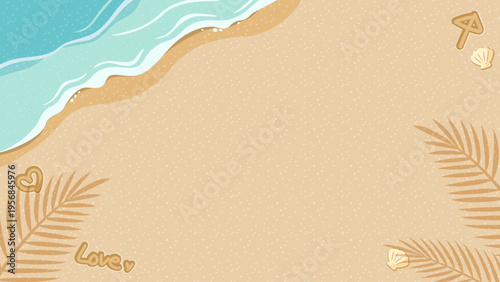 夏の砂浜と波のフレーム。貝殻やヤシの葉をあしらった横長背景素材 / Summer beach and waves frame background