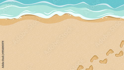 波打ち際と足跡がかわいい砂浜の背景。水平なレイアウトの夏デザイン素材 / Sandy beach background with footprints and waves
