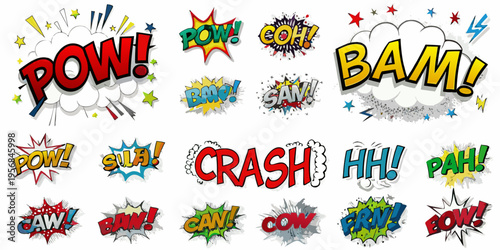 Collection of vibrant comic book style explosion and sound effect bubbles